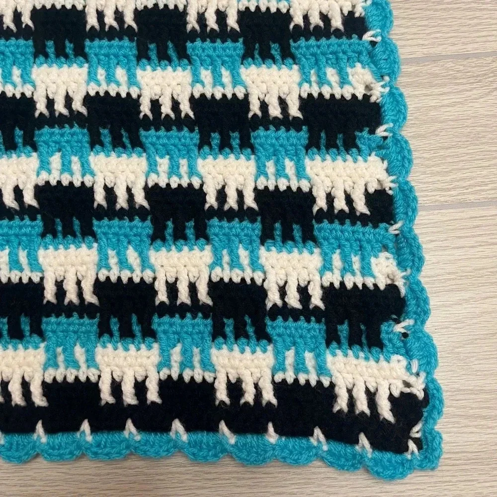 Hand Crochet Teal White Black Acrylic Baby Blanket 38”W x 40”L